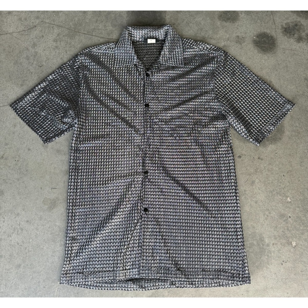 VTG‎ Mens Sz Large ANCHOR BLUE Platinum Mesh Button Up Shirt Y2K - Minor Flaw